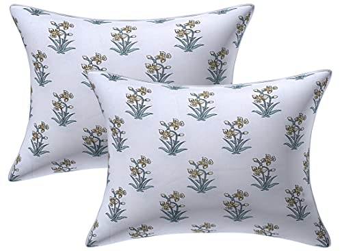 Texstylers Floral Pure Cotton Set of 2 Pcs Jaipuri Print 12" x 18" Small Cushion Pillow Covers, Gold